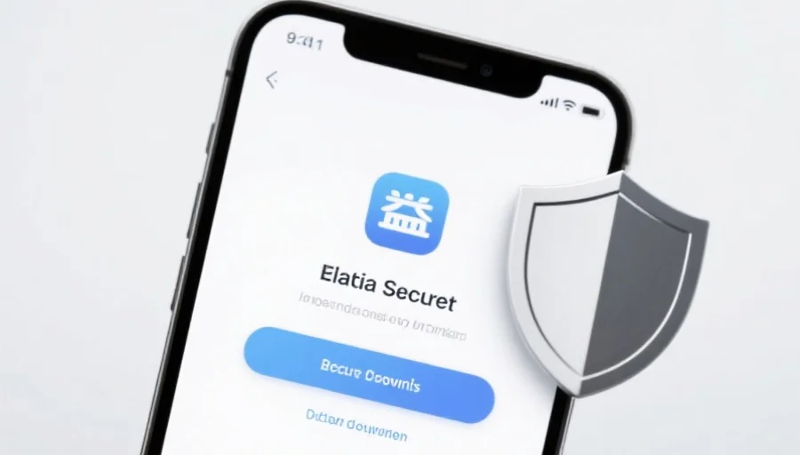 一部现代智能手机屏幕上显示安信15应用的安全下载界面,旁边有安全盾牌图标,背景简洁