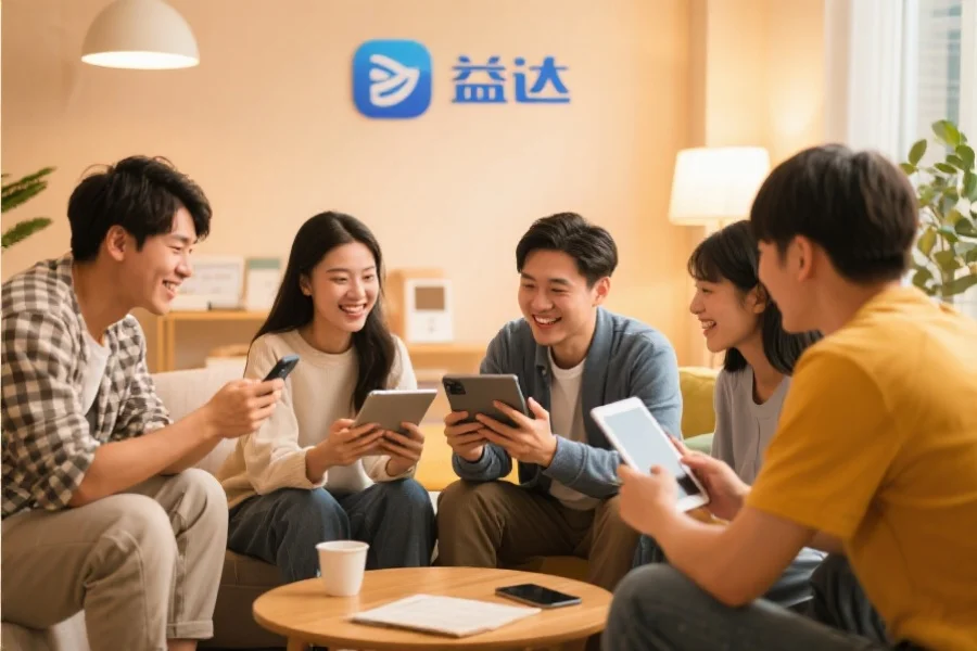 一群年轻用户围坐在一起，使用平板和手机愉快地交流，背景温馨现代，象征安信15应用的社区活跃氛围